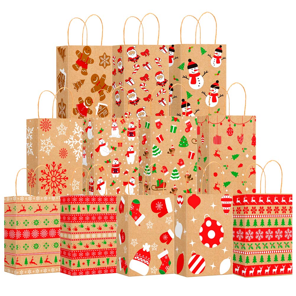 CCINEE Christmas Kraft Gift Bags,Xmas Assorted Paper Bags Bulk with Handles for Party Supplies,Pack of 24