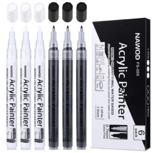 nawod paint pens white black acrylic marker 6 pack, acrylic permanent marker, white paint pens for rock ceramic wooden leather glass painting metal tire, 0.7mm extra fine point quick drying