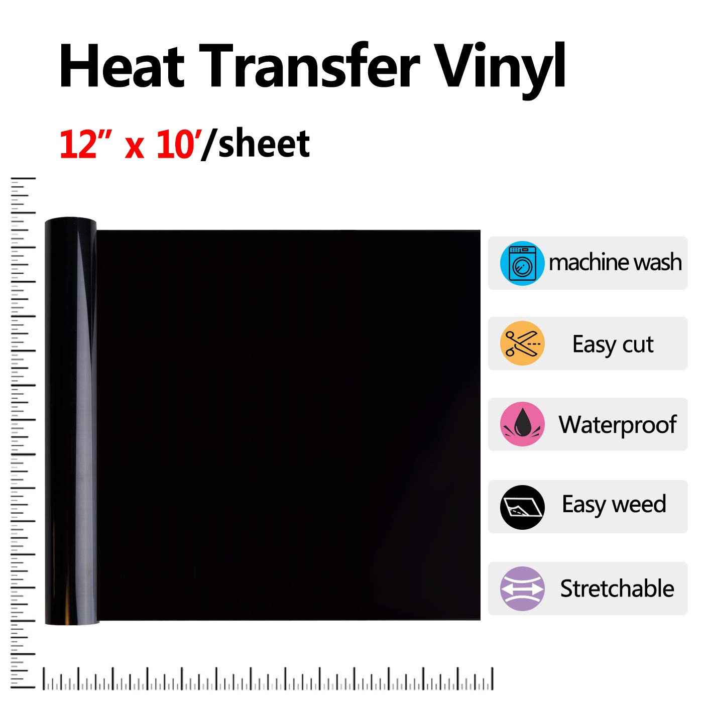 RENLITONG Black HTV Iron on Vinyl 12Inch by 10ft Roll HTV Heat Transfer Vinyl for T-Shirt HTV Vinyl Rolls for All Cutter Machine - Easy to Cut & Weed for Heat Vinyl Design