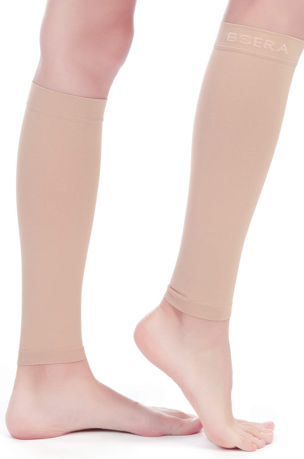 BSERA Calf Compression Sleeve Women, 2 Pairs 15-20mmHg Calf Support Footless Compression Socks Stockings for Shin Splints, Varicose Veins, Recovery (Nude/Skin, Large)