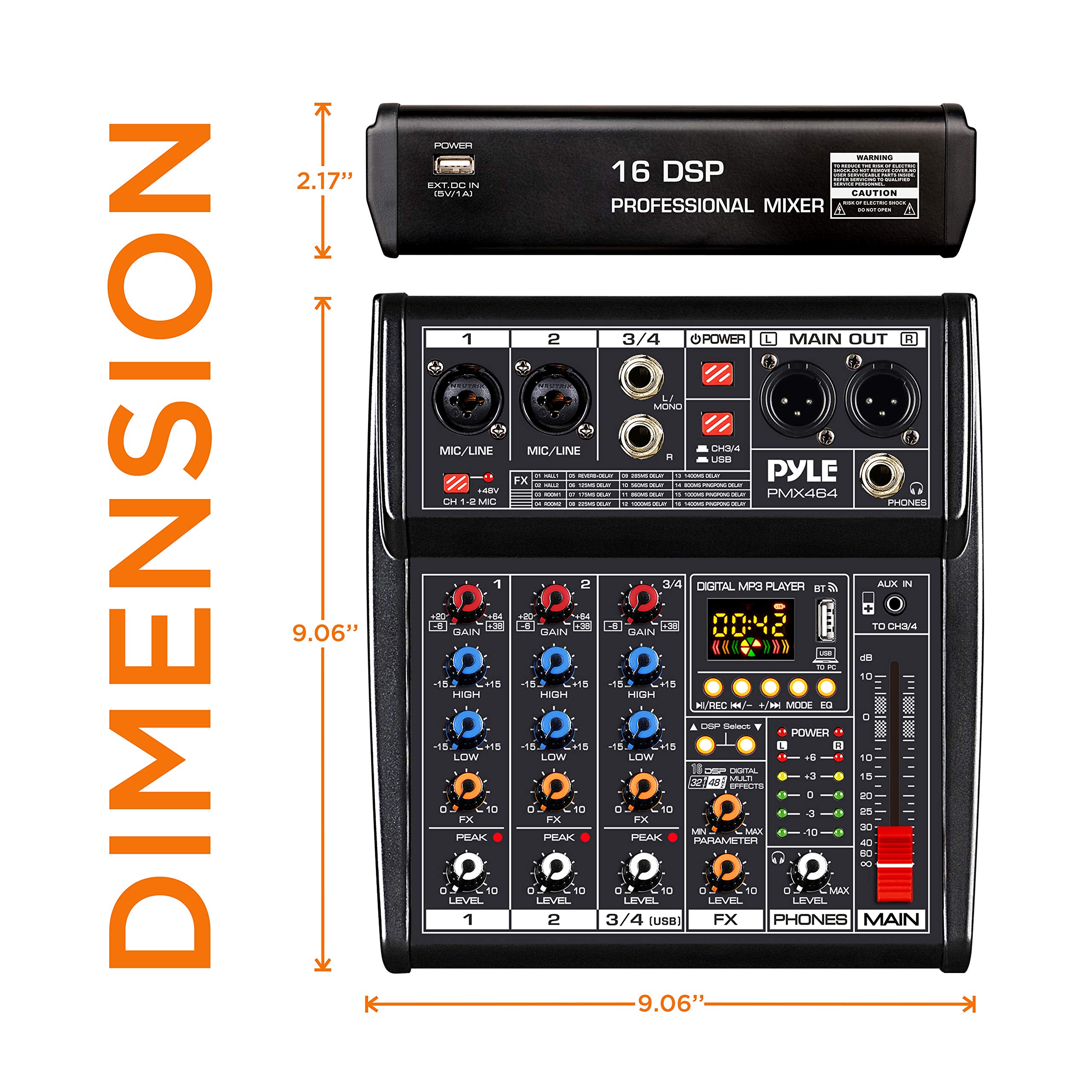 Pyle Professional DJ Audio Mixer Controller - 4-Channel DJ Controller Sound Mixer w/DSP 16 Preset Effects, USB Interface, 2 XLR Mic/Line Input, AUX, FX Processor MP3 Player, Headphone Jack PMX464