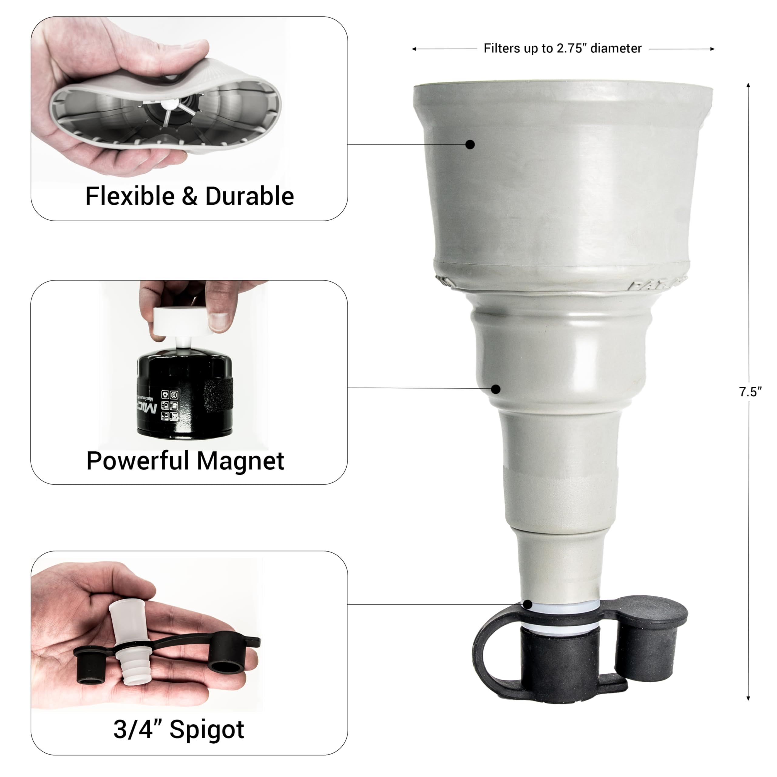 Oil Udder X Oil Change Tool - Oil Filters up to 2.75" Diameter, Spill Free Oil Filter Removal, Magnetic Drain Plug Catch, Flexible Funnel for Mess Free Oil Changes, Engine Oil Funnel with Magnet