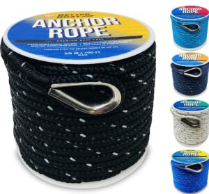 premium boat anchor rope 100 ft double braided boat anchor line black nylon marine rope braided 3/8 anchor rope reel for many anchors & boats 3/8 inch black