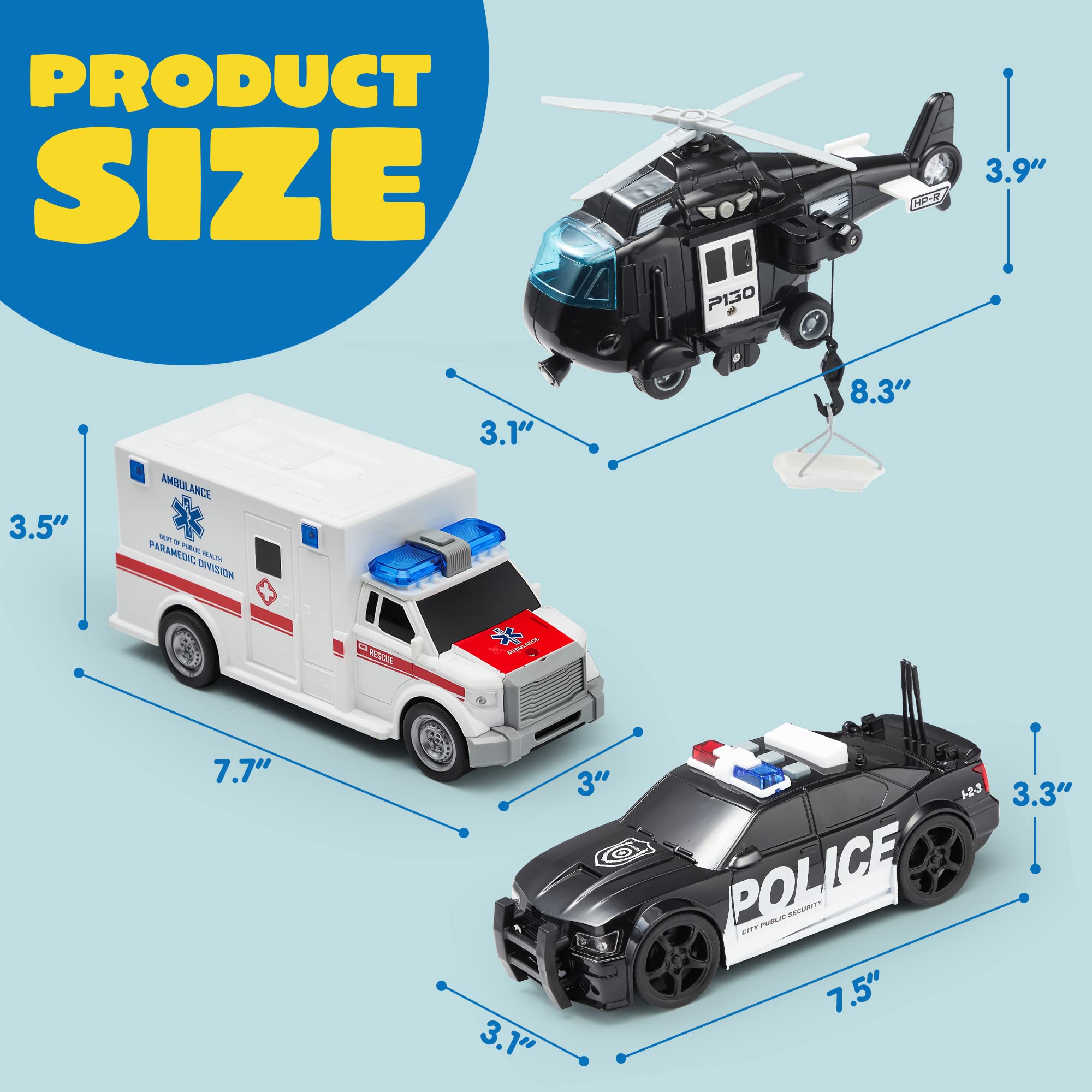 JOYIN Toddler Truck Toys for 3 4 5 6 7 Year Old Boys - Police Car Toy Set, Emergency Vehicle Playset, Kids Toys Cars, Friction Powered Car with Lights and Sounds, Birthday Gifts for Boys Girls Age 3-9