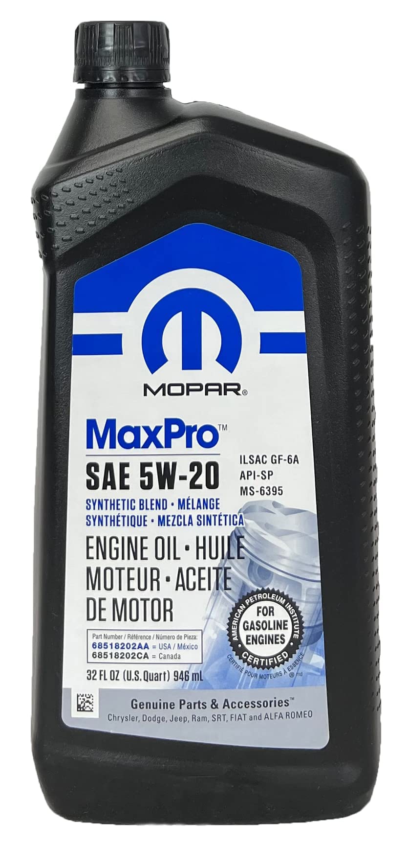 Mopar MaxPro 5W20 SAE Motor Oil for Jeep Dodge Chrysler Ram Case of 6 Quarts