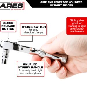 ARES 42044 - Flex Head Stubby Ratchet - 3/8-Inch Drive 72-Tooth Ratchet - Premium Chrome Vanadium Steel Construction & Mirror Polish Finish - Quick Release Reversible Direction Head Design