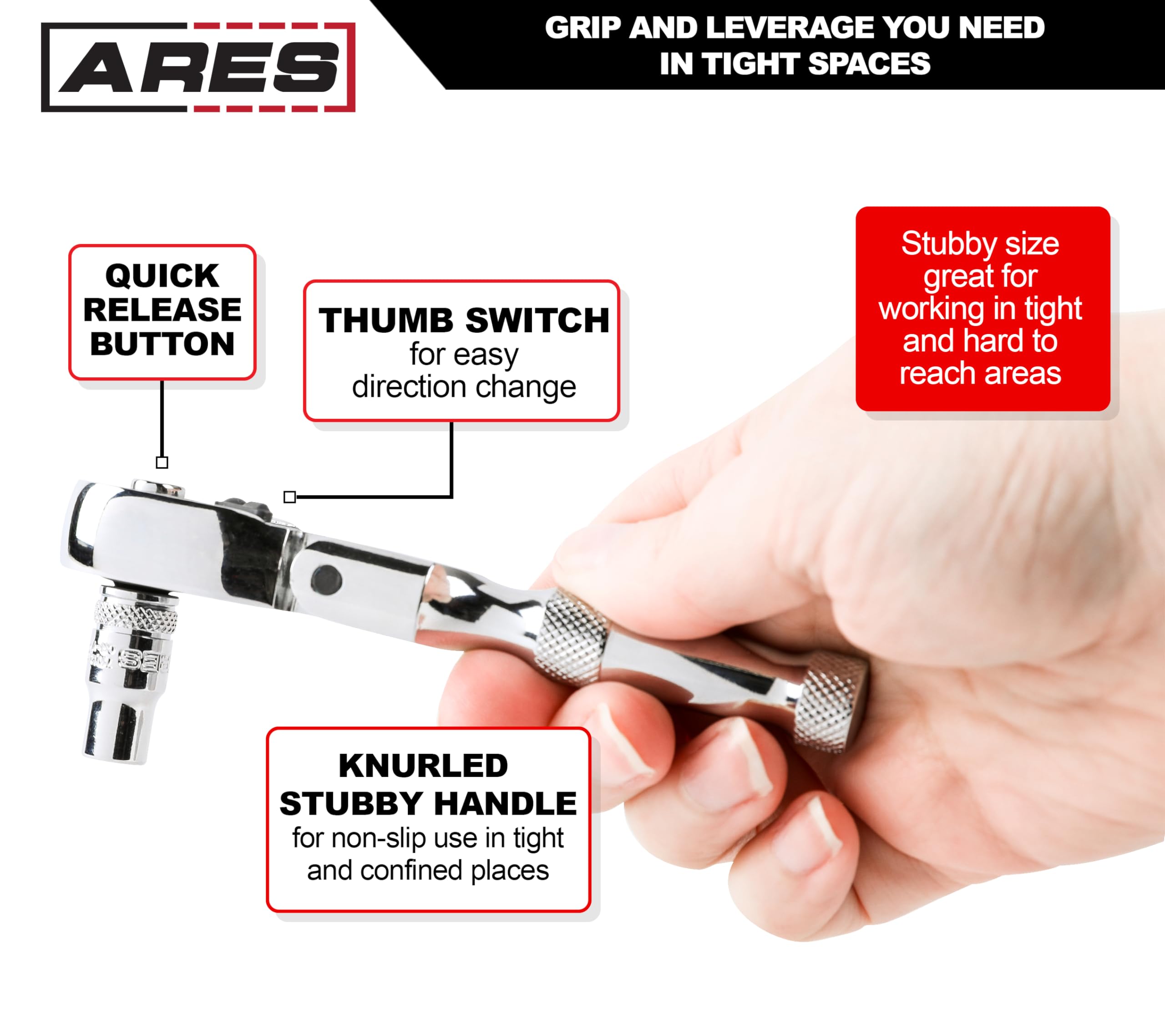 ARES 42044 - Flex Head Stubby Ratchet - 3/8-Inch Drive 72-Tooth Ratchet - Premium Chrome Vanadium Steel Construction & Mirror Polish Finish - Quick Release Reversible Direction Head Design