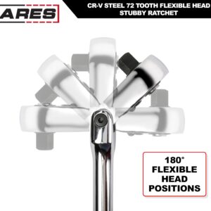 ARES 42044 - Flex Head Stubby Ratchet - 3/8-Inch Drive 72-Tooth Ratchet - Premium Chrome Vanadium Steel Construction & Mirror Polish Finish - Quick Release Reversible Direction Head Design