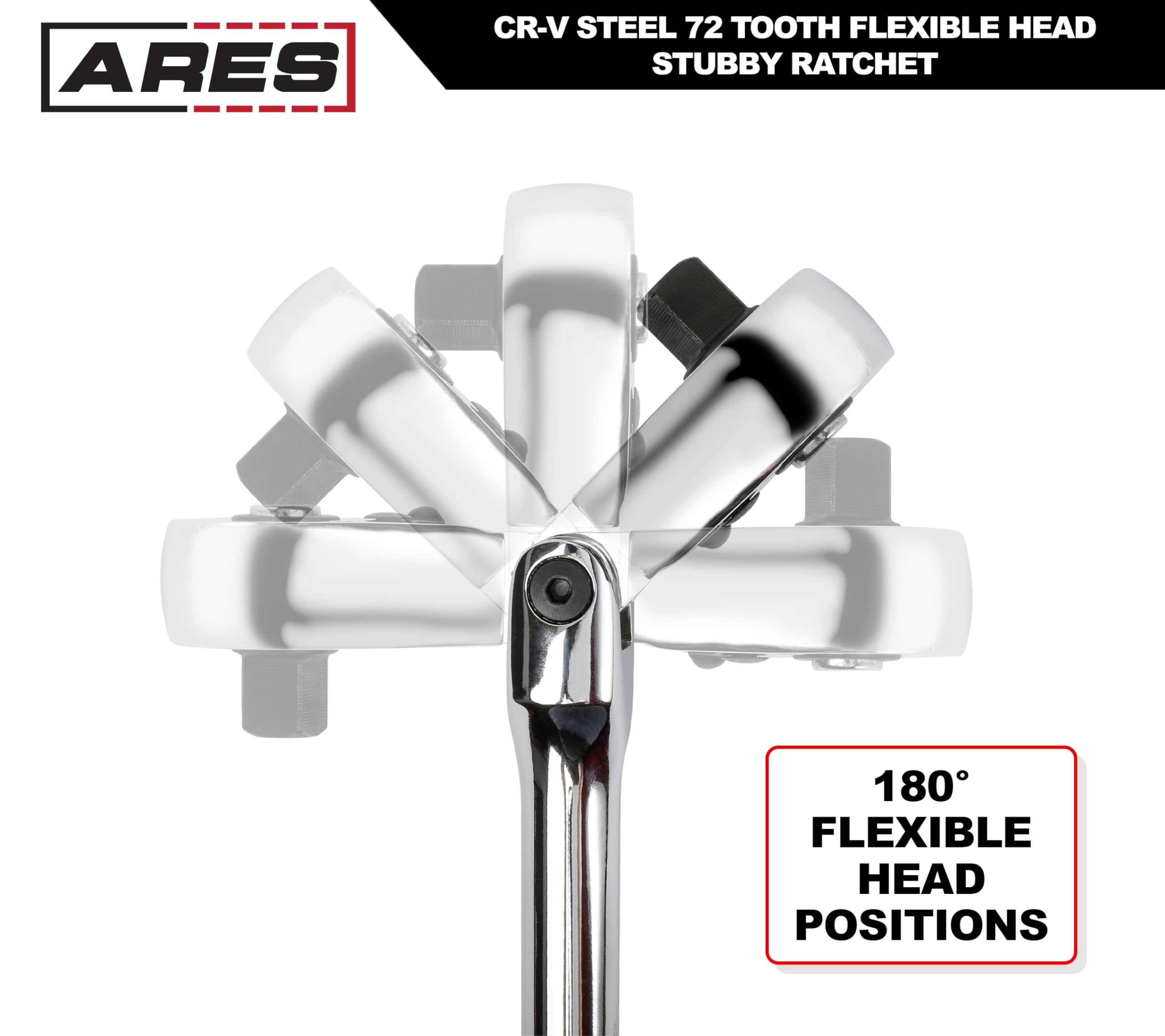 ARES 42044 - Flex Head Stubby Ratchet - 3/8-Inch Drive 72-Tooth Ratchet - Premium Chrome Vanadium Steel Construction & Mirror Polish Finish - Quick Release Reversible Direction Head Design