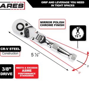 ARES 42044 - Flex Head Stubby Ratchet - 3/8-Inch Drive 72-Tooth Ratchet - Premium Chrome Vanadium Steel Construction & Mirror Polish Finish - Quick Release Reversible Direction Head Design