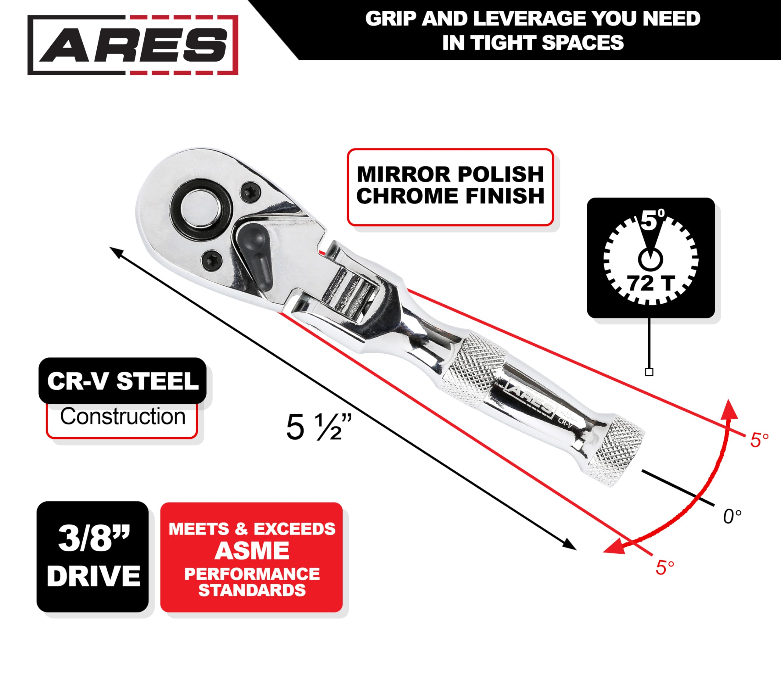 ARES 42044 - Flex Head Stubby Ratchet - 3/8-Inch Drive 72-Tooth Ratchet - Premium Chrome Vanadium Steel Construction & Mirror Polish Finish - Quick Release Reversible Direction Head Design