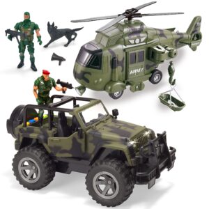 joyin 2 pack friction powered realistic military vehicle car set including convertible military truck, helicopter, army men action figures and accessories, lights and sounds sirens