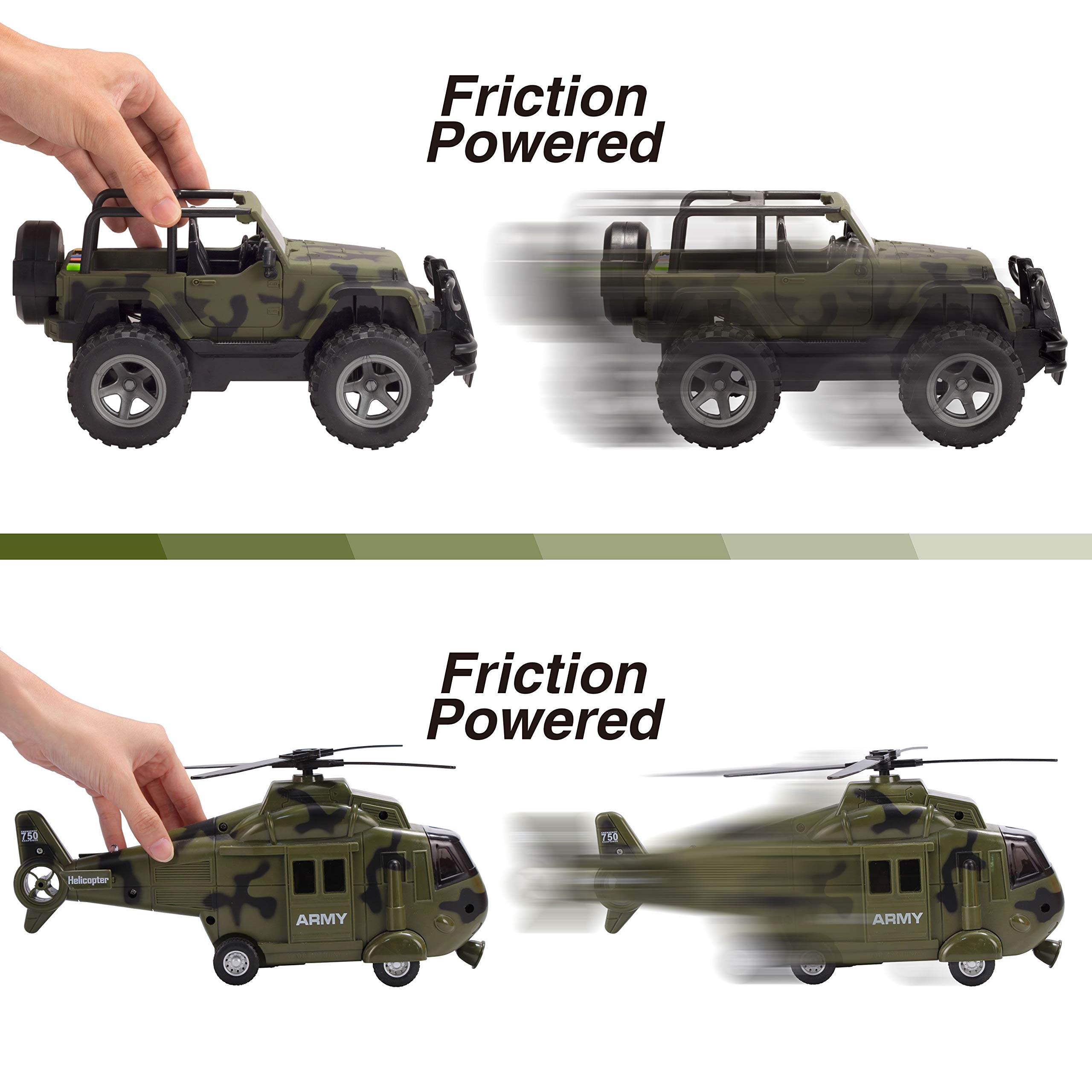 JOYIN 2 Pack Friction Powered Realistic Military Vehicle Car Set Including Convertible Military Truck, Helicopter, Army Men Action Figures and Accessories, Lights and Sounds Sirens