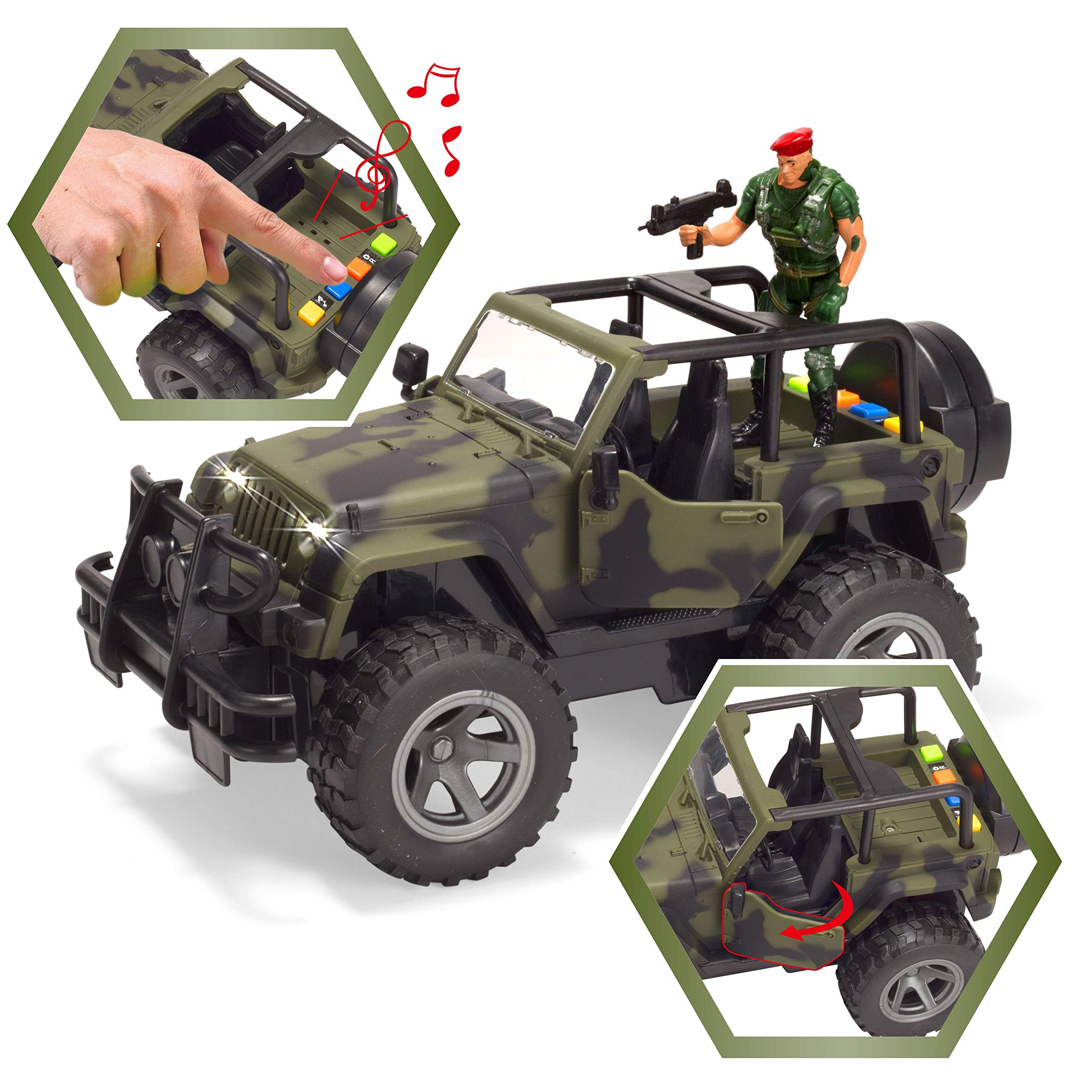 JOYIN 2 Pack Friction Powered Realistic Military Vehicle Car Set Including Convertible Military Truck, Helicopter, Army Men Action Figures and Accessories, Lights and Sounds Sirens