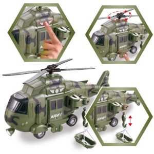 JOYIN 2 Pack Friction Powered Realistic Military Vehicle Car Set Including Convertible Military Truck, Helicopter, Army Men Action Figures and Accessories, Lights and Sounds Sirens