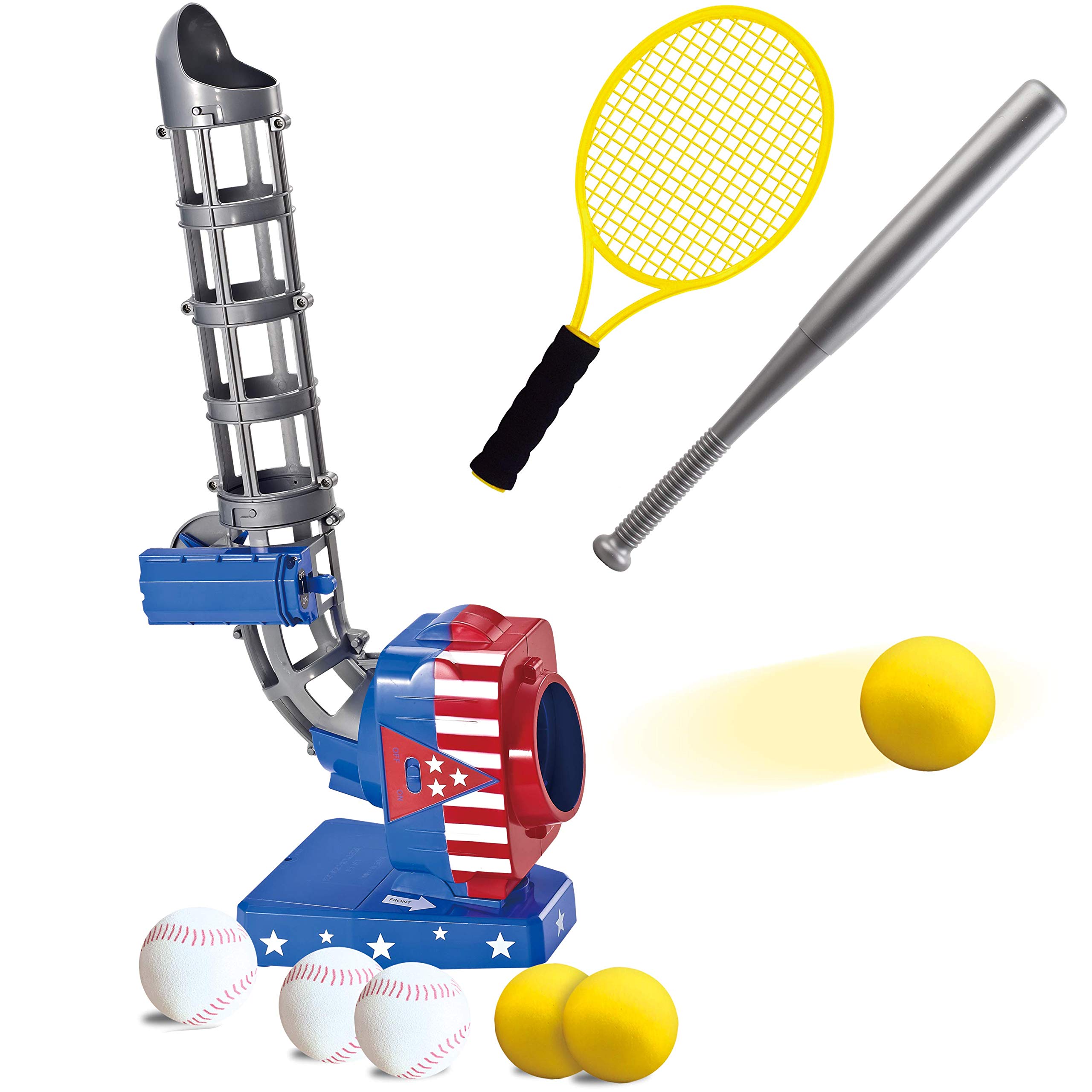 JOYIN 2 in 1 Automatic Pitcher Play Set, Toy Tennis and Baseball Pitching Machine, Tennis Baseball Training Toy Set for Kids Backyard Outdoor Pitcher Game, Patriotic American USA Flag Baseball Toy