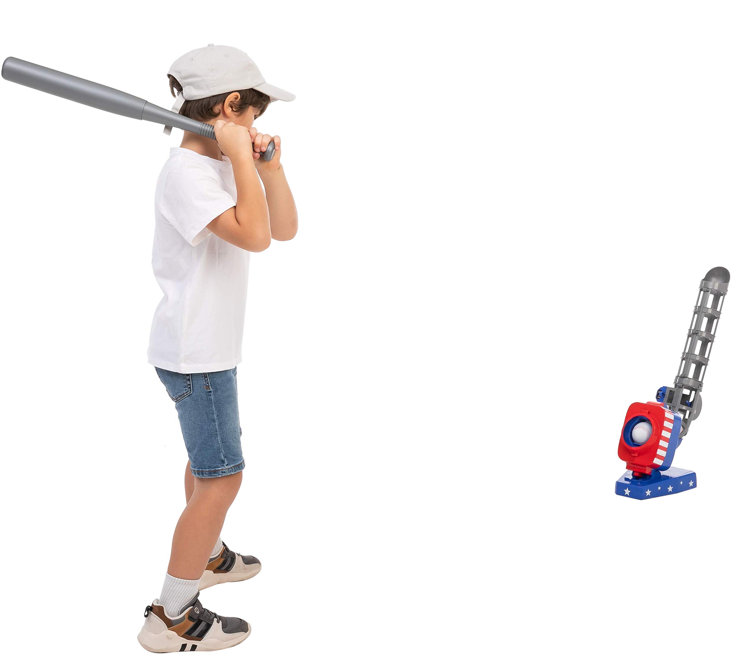 JOYIN 2 in 1 Automatic Pitcher Play Set, Toy Tennis and Baseball Pitching Machine, Tennis Baseball Training Toy Set for Kids Backyard Outdoor Pitcher Game, Patriotic American USA Flag Baseball Toy