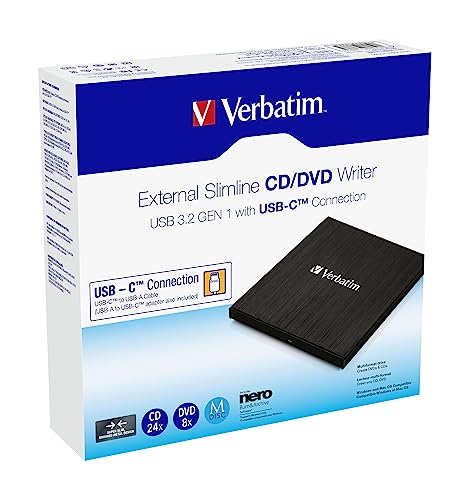 Verbatim External Slimline CD/DVD Writer - USB 3.2 Gen1 with USB-C Connection incl. USB-C to USB-A Cable - Compact Design - External DVD Writer - External CD-Drive - Slim Design