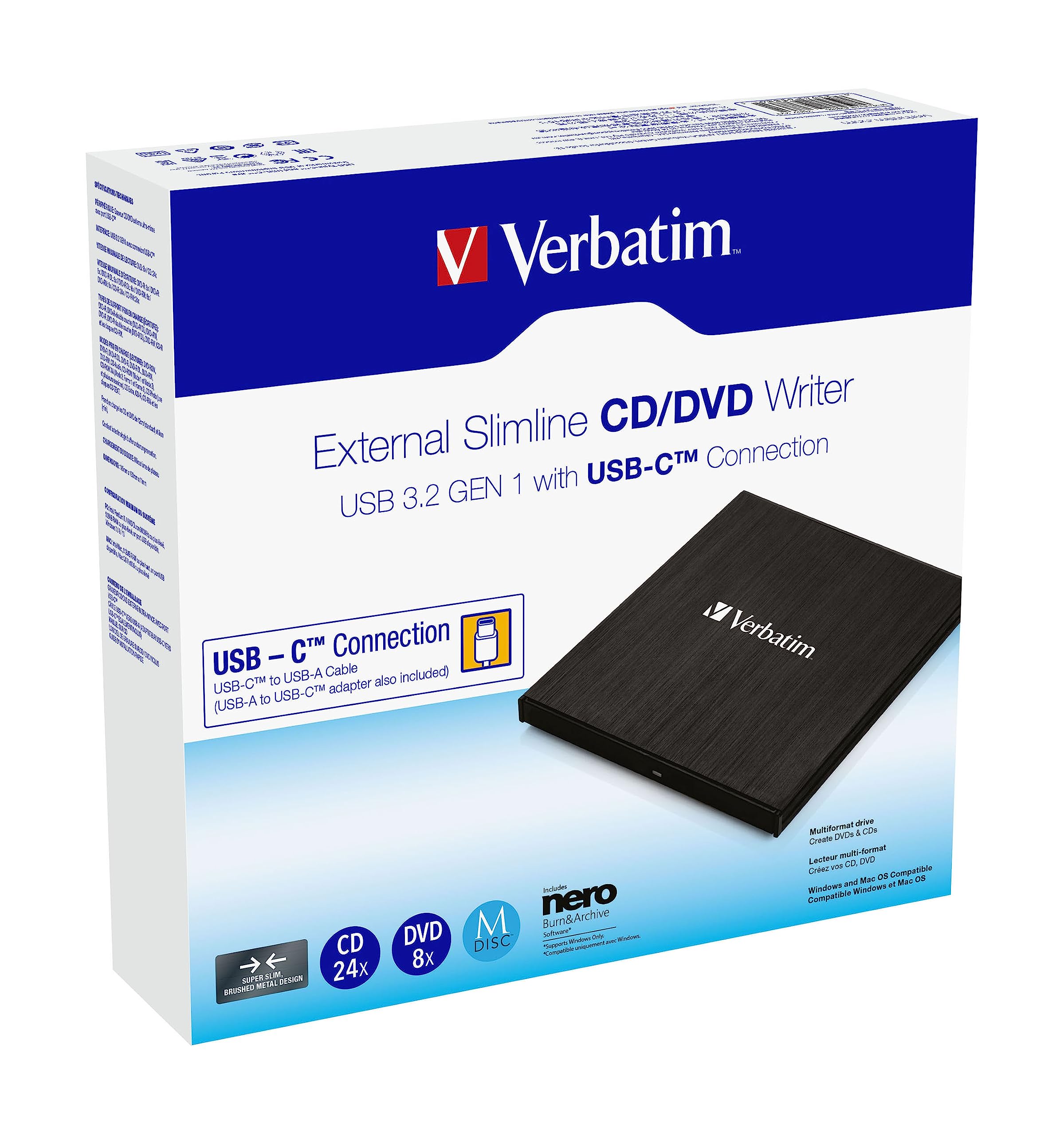 Verbatim External Slimline CD/DVD Writer - USB 3.2 Gen1 with USB-C Connection incl. USB-C to USB-A Cable - Compact Design - External DVD Writer - External CD-Drive - Slim Design