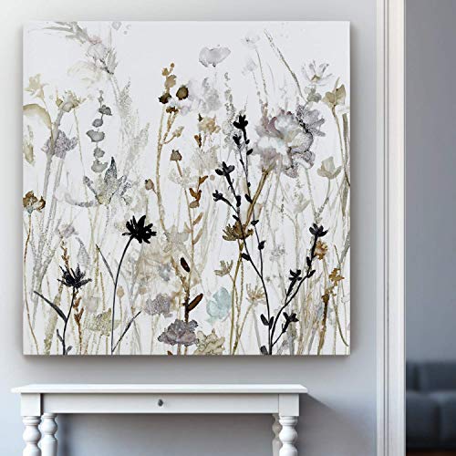 Renditions Gallery Modern Floral Wall Art Black & Grey Wildflower Mist Abstract Nature Paintings for Bedroom Home Kitchen Wall - 16"x16" LT34