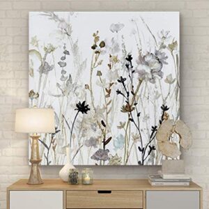 Renditions Gallery Modern Floral Wall Art Black & Grey Wildflower Mist Abstract Nature Paintings for Bedroom Home Kitchen Wall - 16"x16" LT34