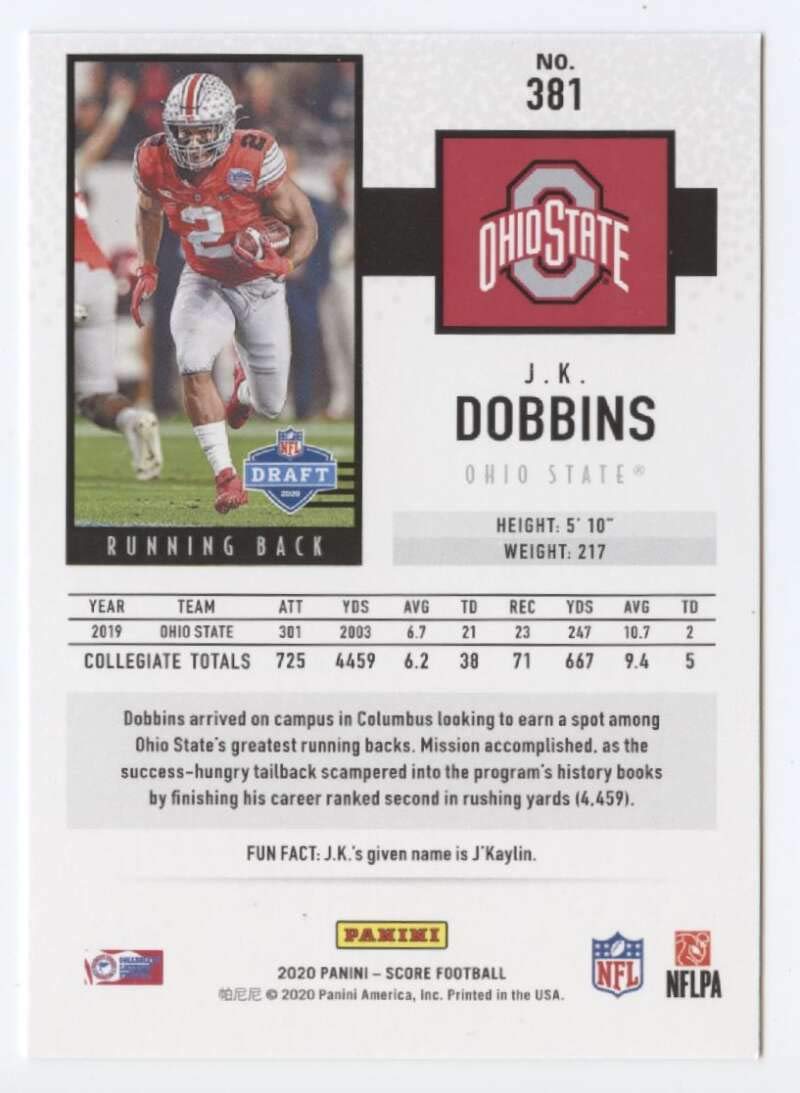 2020 Score #381 J.K. Dobbins RC Rookie Ohio State Buckeyes Football Trading Card