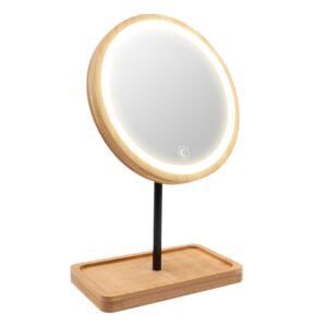 kimikata led lighted makeup mirror vanity light up mirror with 3 lights, cordless usb rechargeable battery, rotation, small bamboo wood beauty storage organizer, tabletop stand, circular ring light