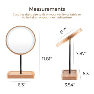 Kimikata LED Lighted Makeup Mirror Vanity Light Up Mirror with 3 Lights, Cordless USB Rechargeable Battery, Rotation, Small Bamboo Wood Beauty Storage Organizer, Tabletop Stand, Circular Ring Light