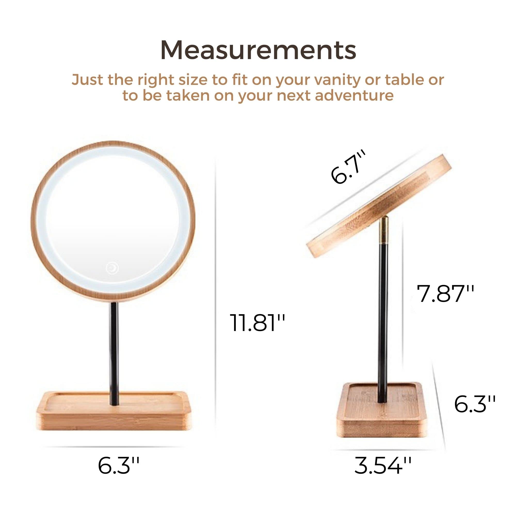 Kimikata LED Lighted Makeup Mirror Vanity Light Up Mirror with 3 Lights, Cordless USB Rechargeable Battery, Rotation, Small Bamboo Wood Beauty Storage Organizer, Tabletop Stand, Circular Ring Light