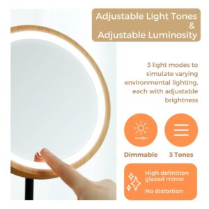 Kimikata LED Lighted Makeup Mirror Vanity Light Up Mirror with 3 Lights, Cordless USB Rechargeable Battery, Rotation, Small Bamboo Wood Beauty Storage Organizer, Tabletop Stand, Circular Ring Light