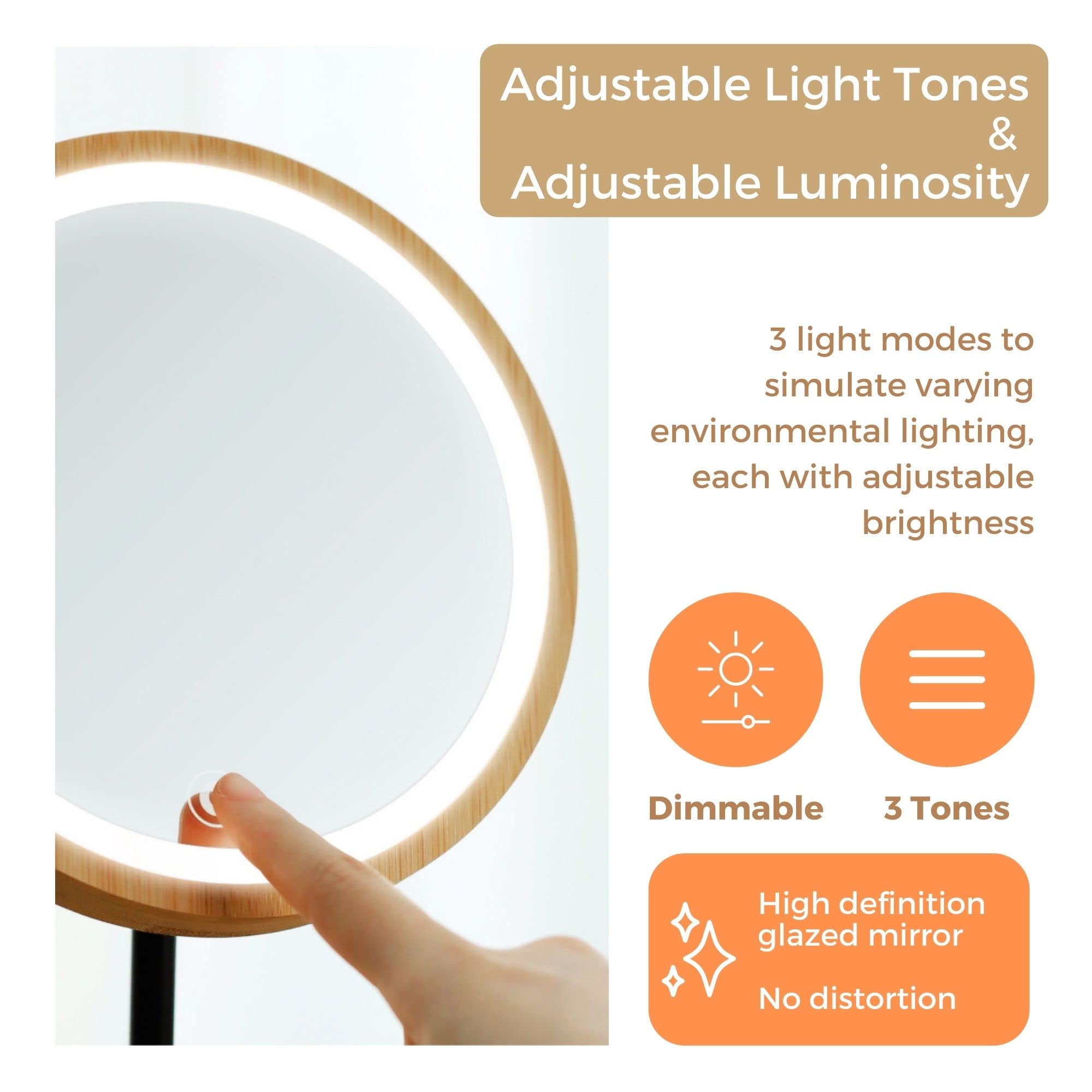 Kimikata LED Lighted Makeup Mirror Vanity Light Up Mirror with 3 Lights, Cordless USB Rechargeable Battery, Rotation, Small Bamboo Wood Beauty Storage Organizer, Tabletop Stand, Circular Ring Light