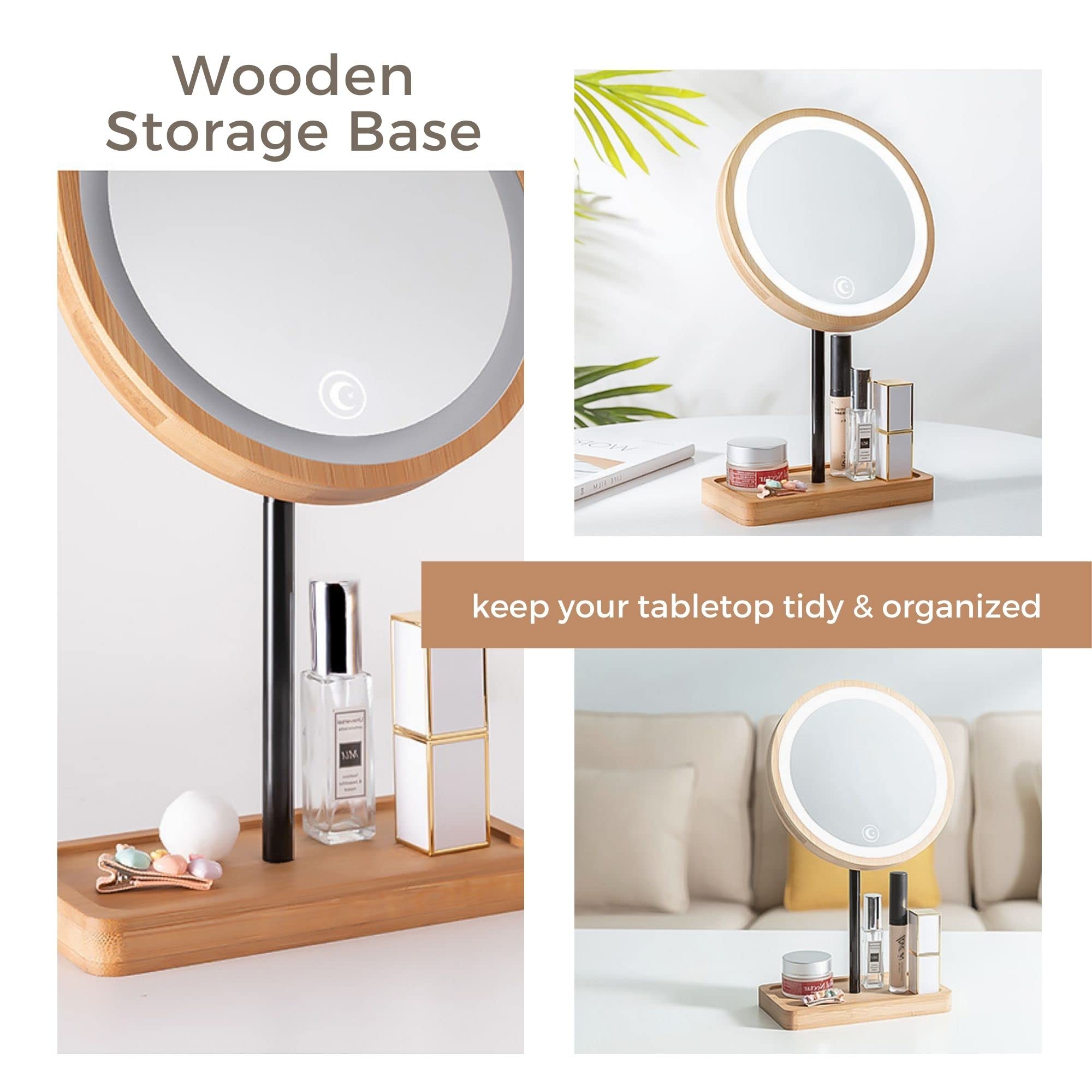 Kimikata LED Lighted Makeup Mirror Vanity Light Up Mirror with 3 Lights, Cordless USB Rechargeable Battery, Rotation, Small Bamboo Wood Beauty Storage Organizer, Tabletop Stand, Circular Ring Light