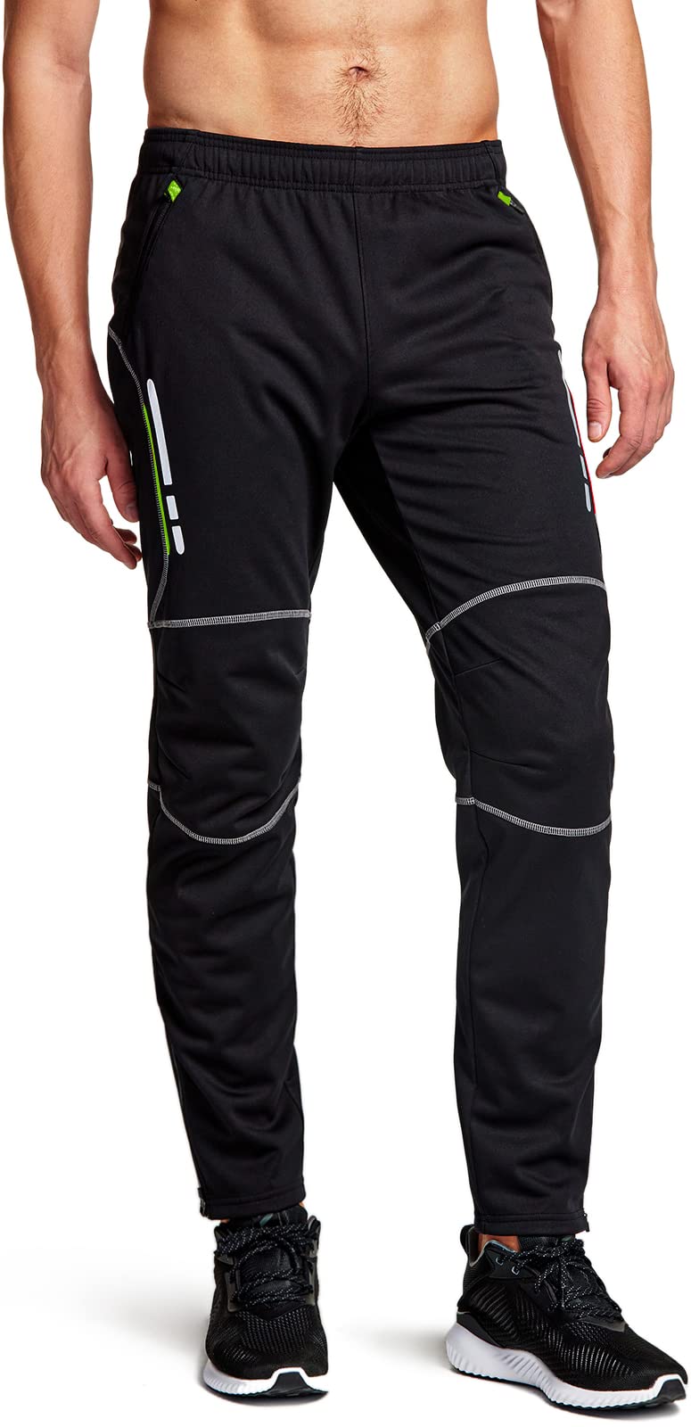 TSLA Men's Thermal Windproof Cycling Pants, Fleece Lined Outdoor Bike Pants, Winter Cold Weather Running Pants, Cycling Windproof Pants Black & Lime, Large