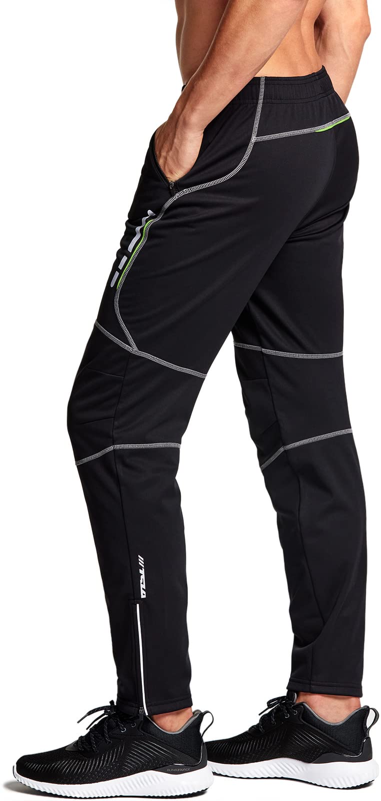 TSLA Men's Thermal Windproof Cycling Pants, Fleece Lined Outdoor Bike Pants, Winter Cold Weather Running Pants, Cycling Windproof Pants Black & Lime, Large