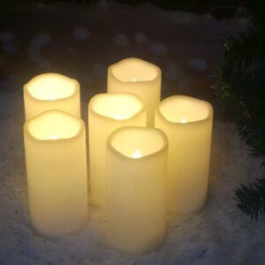 CANDLE CHOICE Waterproof Outdoor Battery Operated Flameless Candles Remote Timer White Plastic Realistic Flickering Fake Electric LED Pillars Lantern Garden Wedding Christmas Decorations 3”x6” 6 Pack