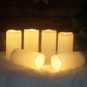 CANDLE CHOICE Waterproof Outdoor Battery Operated Flameless Candles Remote Timer White Plastic Realistic Flickering Fake Electric LED Pillars Lantern Garden Wedding Christmas Decorations 3”x6” 6 Pack