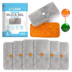 jj care silica gel canister, 50g [pack of 6] - (orange to green) indicating rechargeable dehumidifier desiccant beads, safe moisture absorber, ammo can dehumidifier for gun safe, vault, bedroom, car