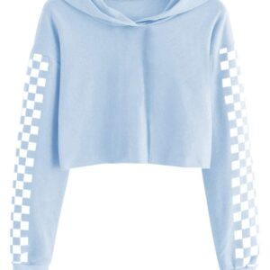 Imily Bela Kids Crop Tops Girls Hoodies Cute Plaid Long Sleeve Fashion Sweatshirts (13-14 Years, light blue)