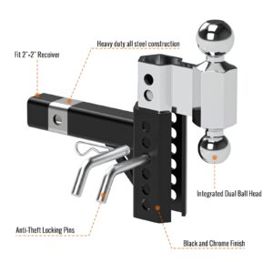 Sulythw Adjustable Trailer Hitch, Fits 2-Inch Receiver, 4-Inch Drop Hitch Ball Mount, Aluminum Tow Hitch, 2 and 2-5/16 inch Combo Stainless Steel Tow Balls for Heavy Duty Truck with Double Pins, Black