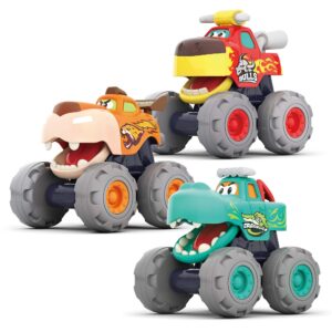 monster trucks gift set – 3 trucks with pull back, friction power and free wheel function – baby and toddler toy cars with fun animal theme – for 12+ months / 1 year