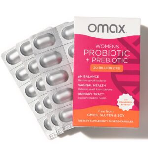 omax health prebiotics and probiotics complex for women, ph balance, vag health, urinary tract, yeast & bv prevention, lactobacillus & bifidobacterium | vegan, organic, gluten free
