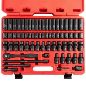 neiko 02471a impact socket set, 3/8” drive, 67 piece, metric and standard master socket set with shallow & deep sockets, ratchet, swivel sockets, extension bars, adapters, cr-v & cr-mo