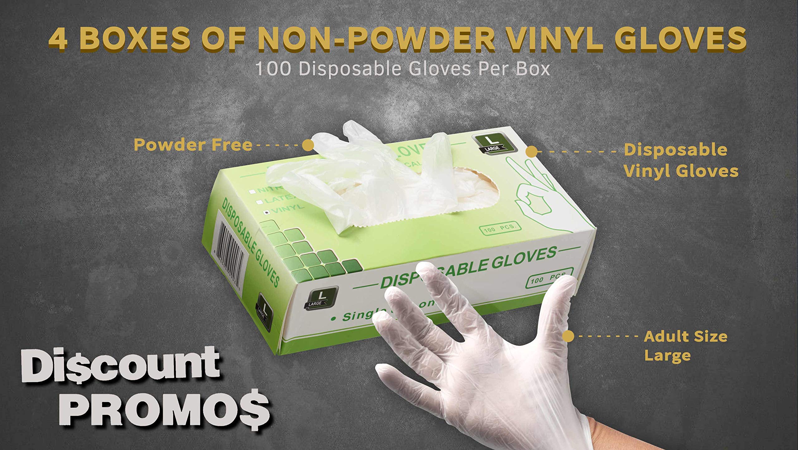 DISCOUNT PROMOS Non Powder Vinyl Gloves Set of 4, Bulk Pack - Each Box has 100 Disposable Gloves, For Cooking, Cleaning, Travelling, and Diaper Changing - Transparent White