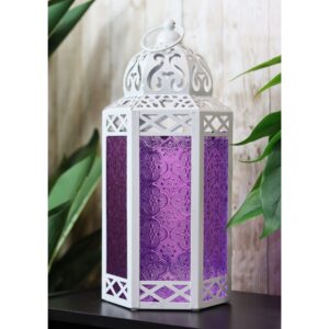 vela lanterns metal moroccan decorative candle lantern holders for hanging or table, indoor home decor, outdoor patio or porch, weddings, white, purple glass, large