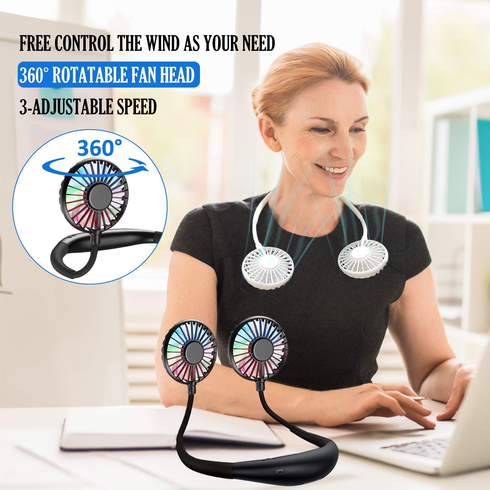 Neck Fan, Rechargeable Battery Operated Portable Fan 2600mAh, Hands Free Personal Fan Hang Around Neck Fans, Wearable Small Fan for Outdoor Working Battery Powered USB Fan Over 12 Hours Constant Cool