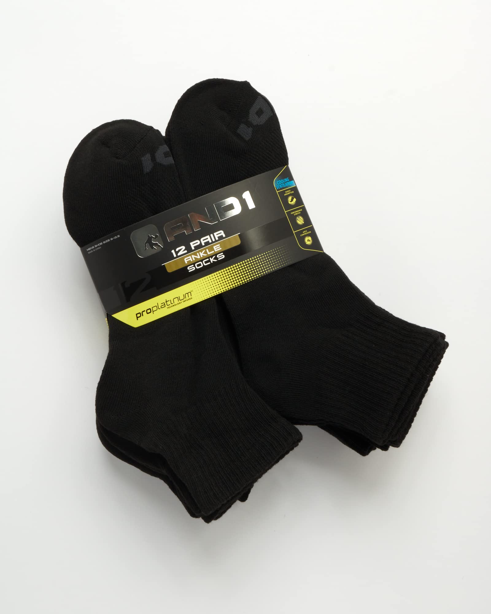 AND1 Men's Socks - Athletic Cushion Quarter Cut Ankle Socks (12 Pack), Size 6-12.5, Black