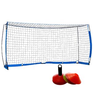 zelus portable soccer goal set: 12x6 ft soccer goal for backyard practice and 12 soccer cones | soccer equipment for training & fun for outdoor play w knotless net, 12 sport cones (blue)