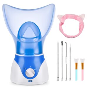 face steamer for facial deep cleaning, facial steamer for women, 2 modes nano ionic facial steamer for unclogs pores, hydrating, blue(include blackhead remover kit, brush, headband)