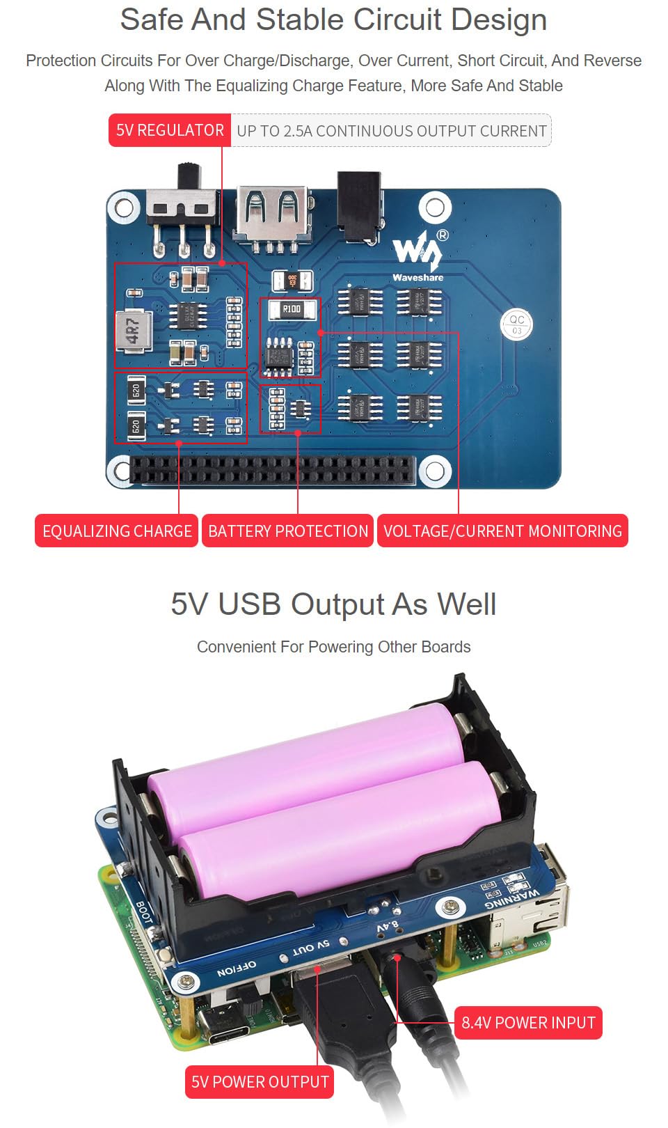 Waveshare UPS HAT for Raspberry Pi 5/4B, 5V Uninterruptible Power Supply Charge and Power Output at The Same Time