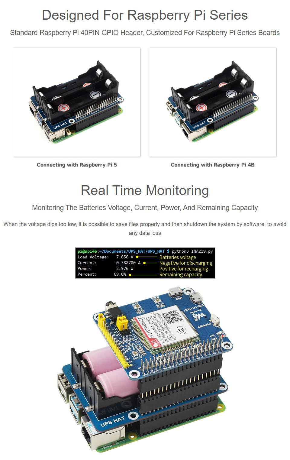 Waveshare UPS HAT for Raspberry Pi 5/4B, 5V Uninterruptible Power Supply Charge and Power Output at The Same Time